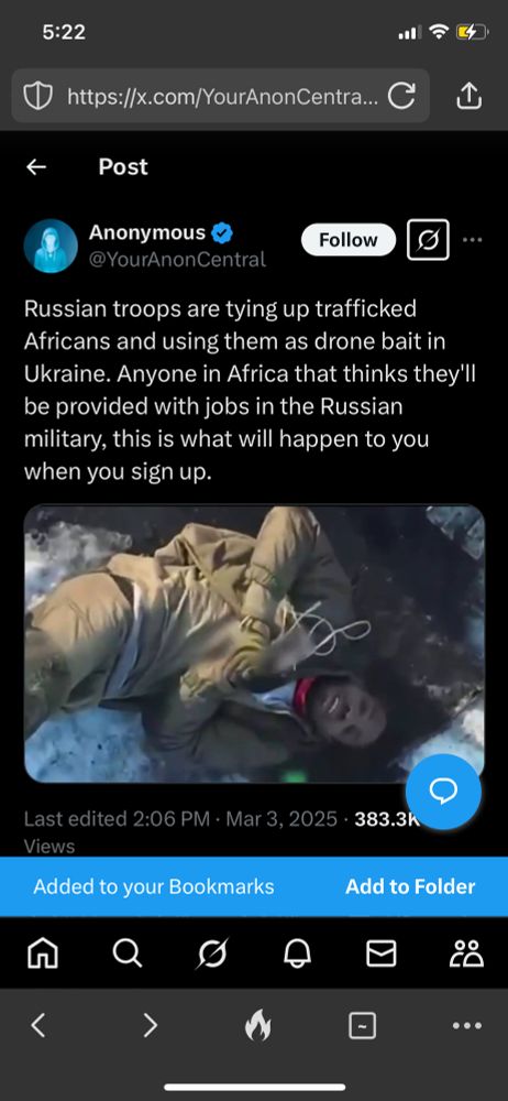 A post from X with a screenshot of a black African men tied up and laying in the snow in Ukraine, Warzone in a caption that reads: “Russian troops are tying up traffic, Africans and using them as drone wave in Ukraine. Anyone in Africa that thinks they’ll be provided with jobs in the Russian military this is what will happen to you when you sign up.”