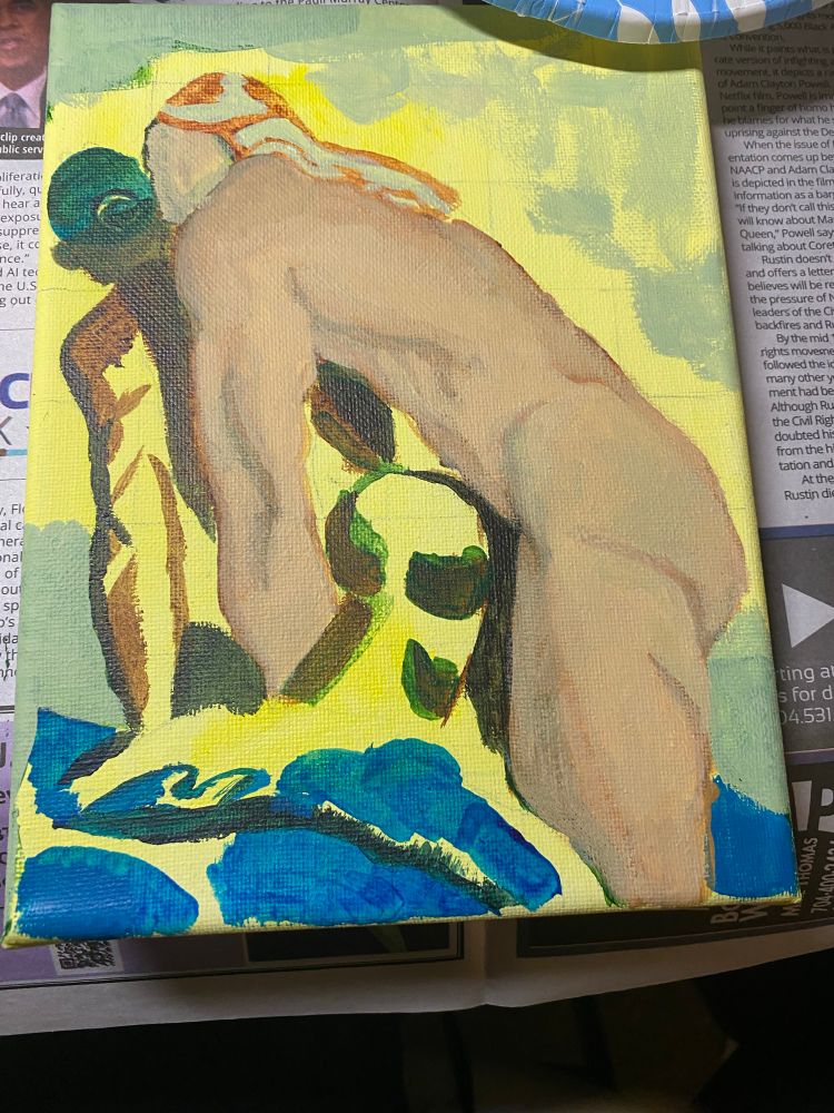 Work in progress of acrylic painting showing two men hunching. 