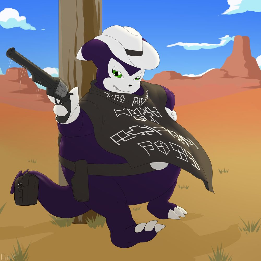 Grit The Cowboy Impmon showing off his custom firearm while learning against a telephone pole.
