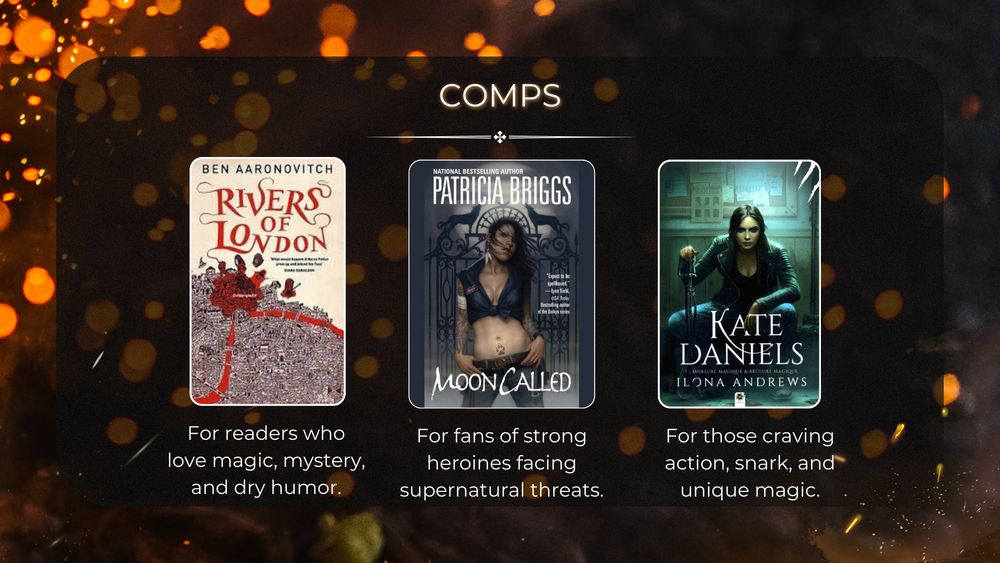 A dark background with embers floating in the air. At the top, the centered title “COMPS” introduces the section. Three book covers are displayed in a row: Rivers of London by Ben Aaronovitch, Moon Called by Patricia Briggs, and Kate Daniels by Ilona Andrews. Below each cover, captions highlight similarities to Secret Embers. Rivers of London is noted for its magic, mystery, and dry humor. Moon Called appeals to fans of strong heroines facing supernatural threats. Kate Daniels is recommended for readers who enjoy action, snark, and unique magic.