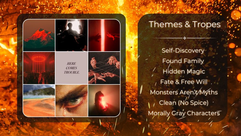 A split design with an aesthetic collage on the left and a text list on the right. The collage contains nine moody images: a glowing red mountain, a shadowy figure, an illuminated red doorway, hands entwined with strings, a ballroom with a red chandelier, a close-up of a teary eye, a misty landscape, and a silhouette holding a glowing light. In the center of the collage, bold text reads: “HERE COMES TROUBLE.” On the right, a list in elegant white font highlights major themes: Self-Discovery, Found Family, Hidden Magic, Fate & Free Will, Monsters Aren’t Myths, Clean (No Spice), and Morally Gray Characters.