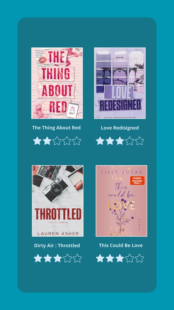 LIVRES : 
The Thing About Red - Lou Garance
Love Redisigned - Lauren Asher 
Throttled - Lauren Asher
This Could Be Love - Lily Lucas