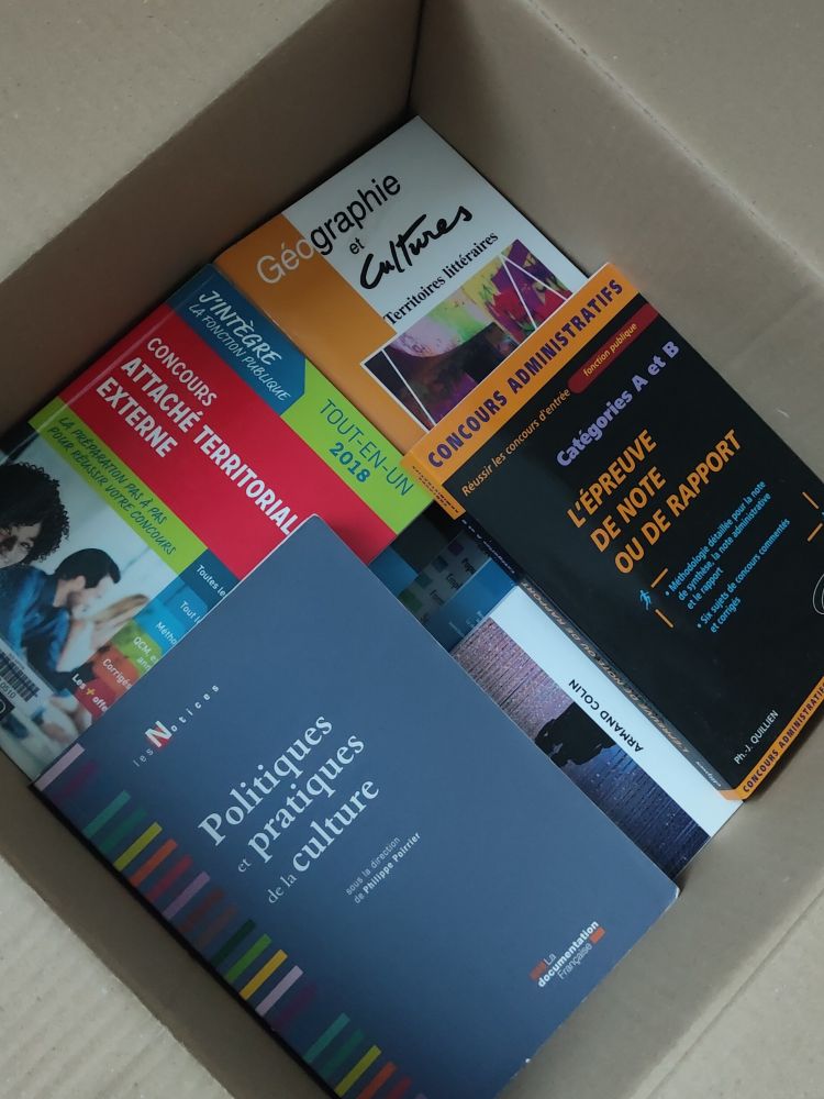 Une caisse en carton pleine de livres variés sur la thématique générale culture / patrimoine/ service public 