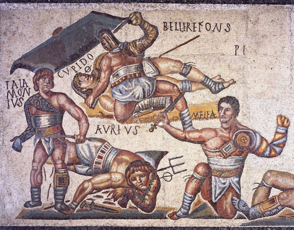 a mosaic showing three pairs of gladiators locked in combat, with extremely detailed vests and weapons