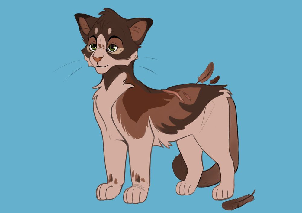 A drawing of a young brown cat with a few feathers stuck on his fur and scars on his back.