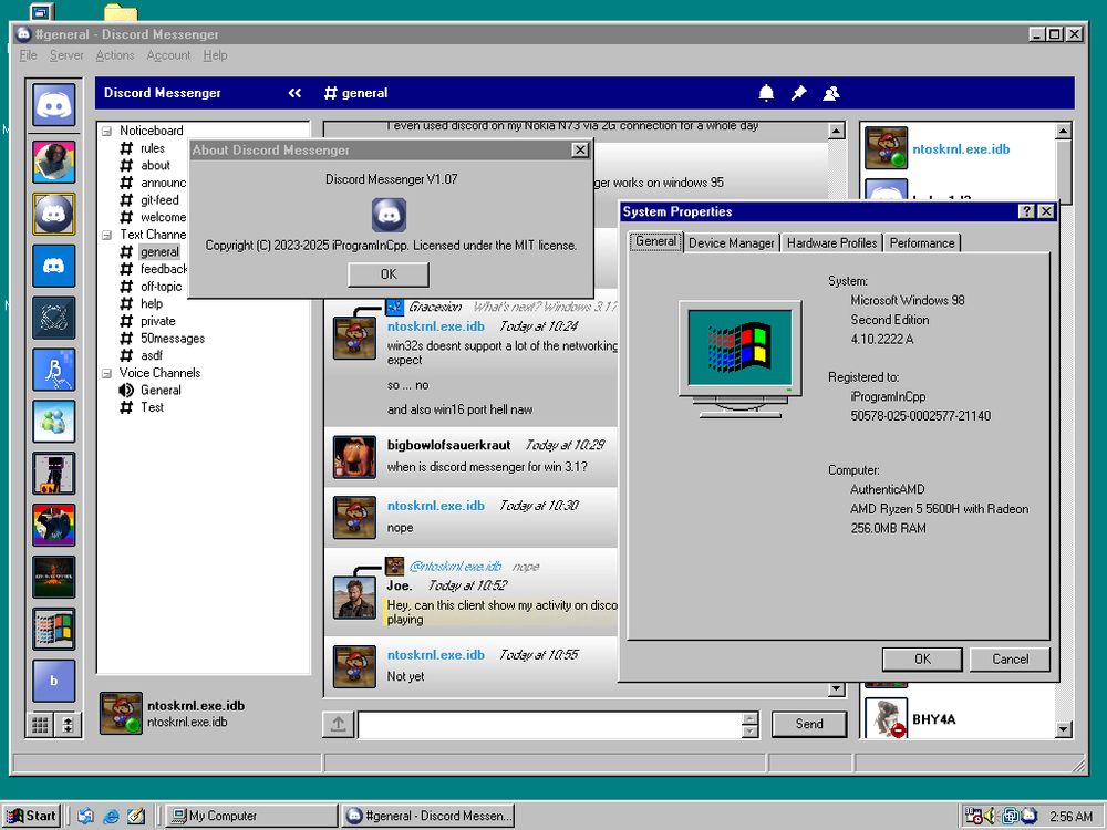 Screenshot of Discord Messenger running on Windows 98 SE.
