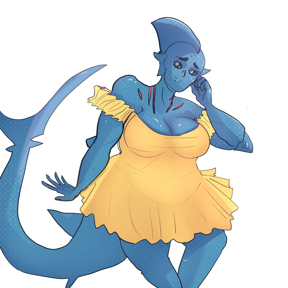 a blue shark-like humanoid woman with a large dorsal fin, a long tail, and shimmering, speckled skin. She is wearing a frilly yellow sundress that is slightly off-shoulder, giving her a shy, bashful appearance. Her expression is nervous but sweet, with one hand touching her cheek and the other held loosely at her side