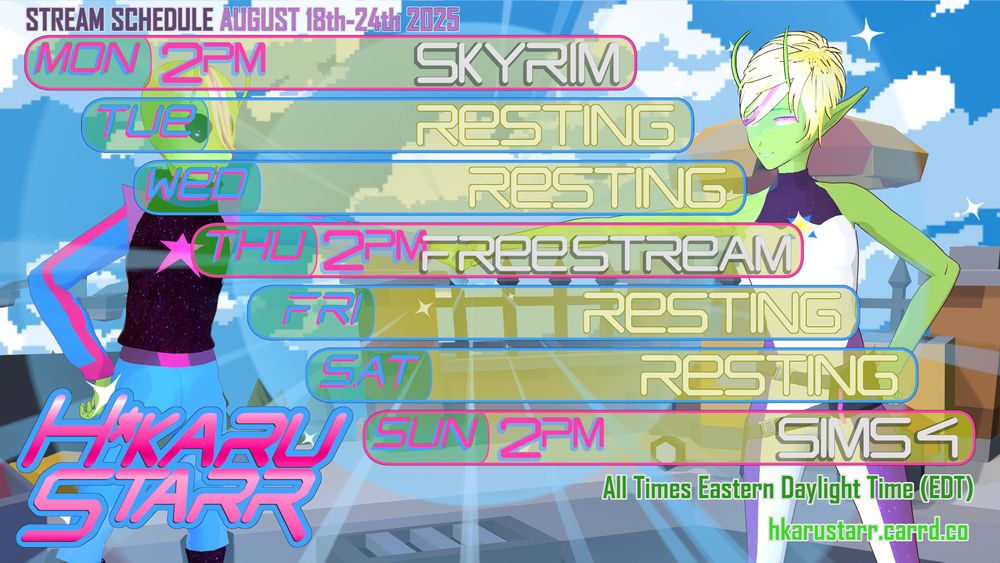 Stream Schedule for August 18th-24th, 2025
The Elder Scrolls V: Skyrim on Monday (8/18) at 2pm. Free Stream on Thursday (8/21) at 2pm. The Sims 4, Starr Legacy Reboot on Sunday (8/24) at 2pm. All times are Eastern Daylight Time, USA.