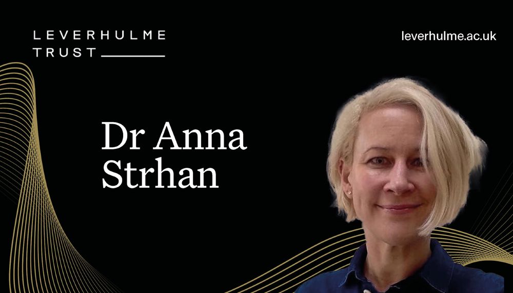 Headshot of Dr Anna Strhan against a black and gold background with the Leverhulme Trust logo and URL leverhulme.ac.uk