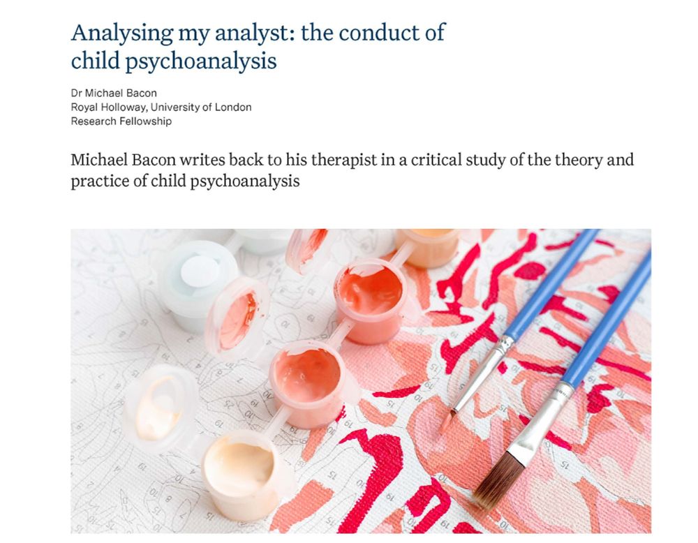 Screenshot of newsletter page. Title: Analysing my analyst: the conduct of child psychoanalysis. Image:  A paint-by-numbers canvas with pink and red flowers, open paint pots and two paint brushes.