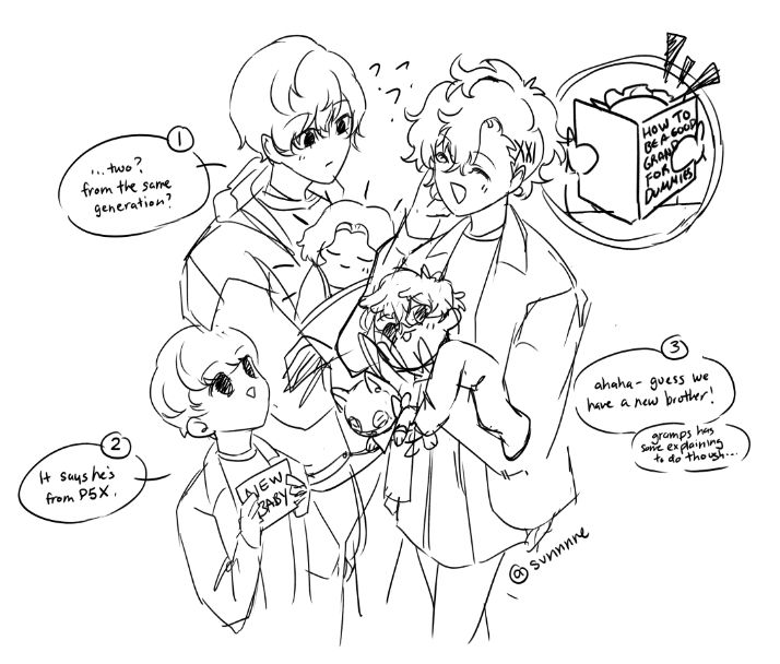 Pictured: A doodle feature some of the protagonists from the Persona series (Makoto Yuki, Kotone Shiomi, Yu Narukami, Ren Amamiya, and Nagisa Kamishiro). Each protagonist has been depicted as a different age (based on their release dates) to make a joke about how Igor, the proprietor of the Velvet Room, is collecting a bunch of "grandkids" (Velvet Room guests). Therefore, Nagisa and Ren are featured as new babies (as Persona 5 is the most recent generation).