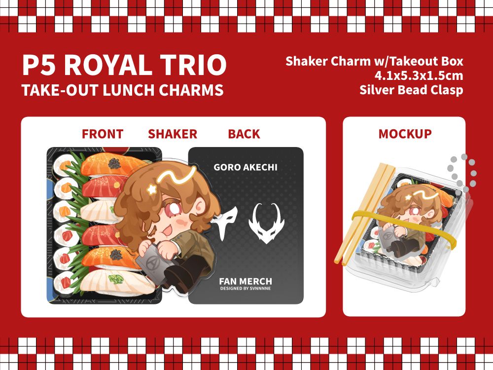 Catalogue: Depicts the details for a lunchbox themed takeout box charm with select characters from Persona 5. The character is Goro Akechi lying on a bed of takeout sushi. 