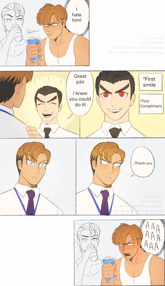 A comic showing office worker Owada Mondo initially hating Kiyotaka Ishimaru until he receives a genuine compliment from said boss and getting mixed (romantic?) feelings.