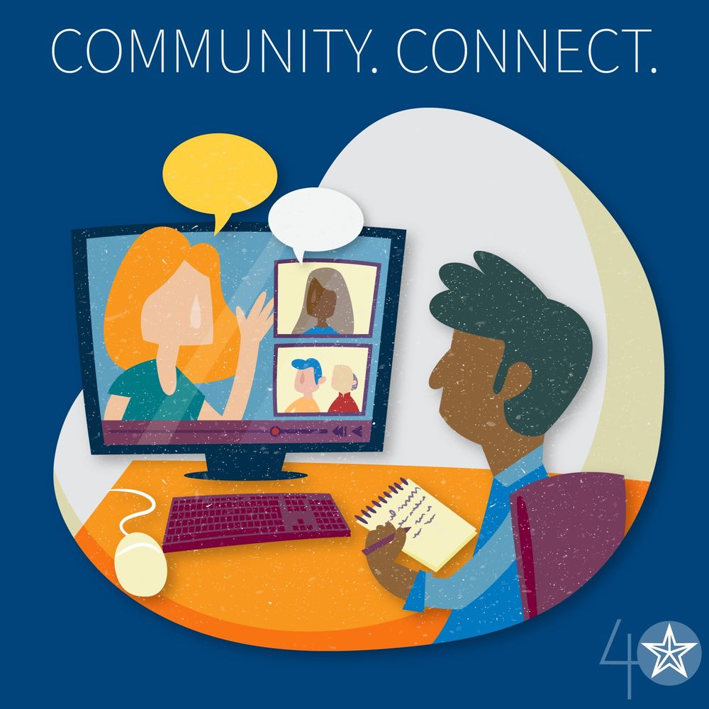 Graphic shows a colorful illustration of a man taking notes while sitting at a desktop computer, where the monitor shows other men and women talking on a video call. The graphic is titled "Community. Connect." The Texas International Education Consortium's 40th anniversary logo is in the bottom right corner.