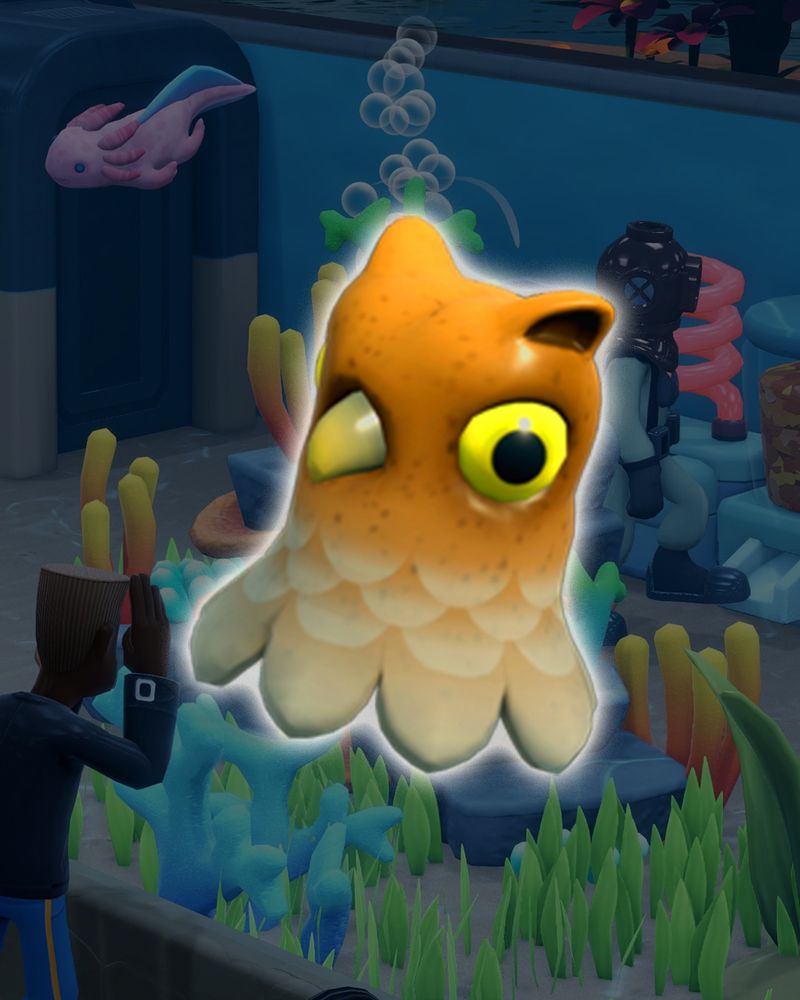 A render of a fish type from Two Point Museum that looks like an owl, but with octopus-like tentacles. There is a slight white glow around the Owl Fish, setting apart from the background, which is a screenshot of an aquarium exhibit from Two Point Museum.