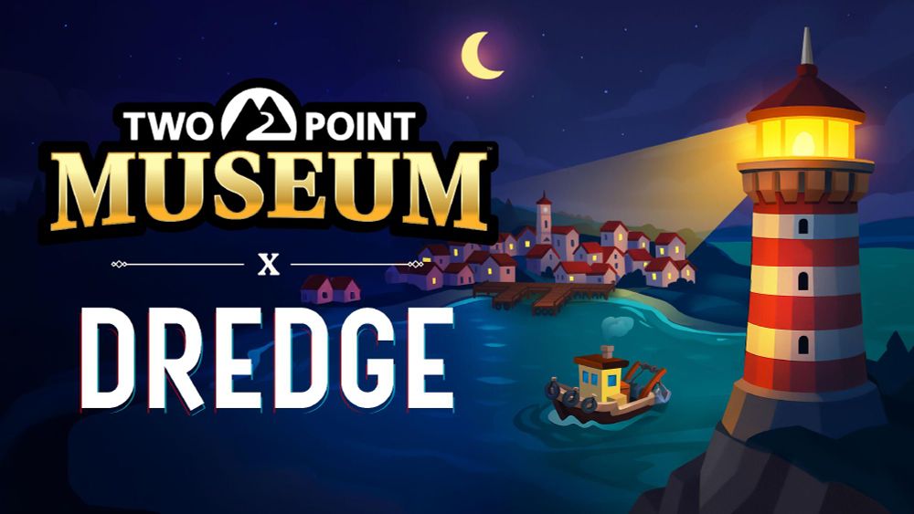 An illustration of a lighthouse at night, illuminating a small coastal town with a fishing boat on the water. On the left, text reads 'Two Point Museum x DREDGE'