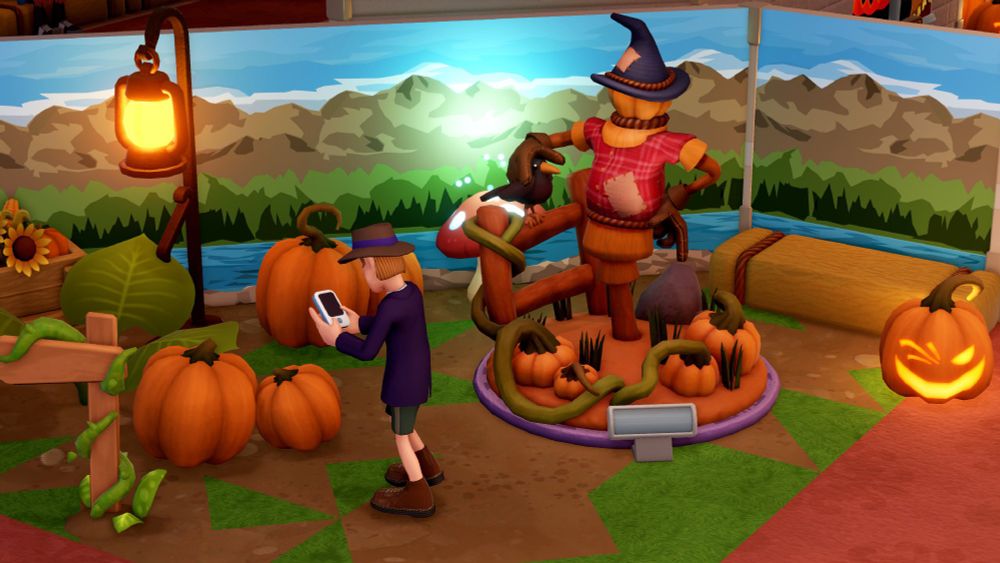 Screenshot from Two Point Museum of a Scarecrow exhibit surrounded by pumpkins, hay bales, and sunflowers.