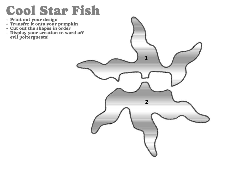 A pumpkin carving template for a cool star fish, which is a normal starfish wearing sunglasses.