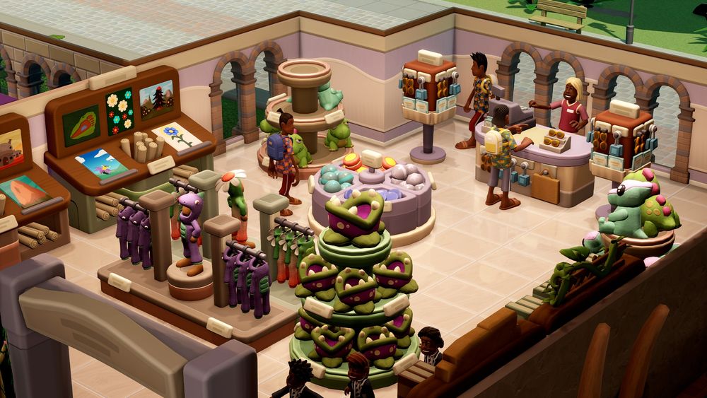 A screenshot from Two Point Museum of a gift shop, filled with various museum memorabilia like posters, dinosaur plushies, and dinosaur onesies. 