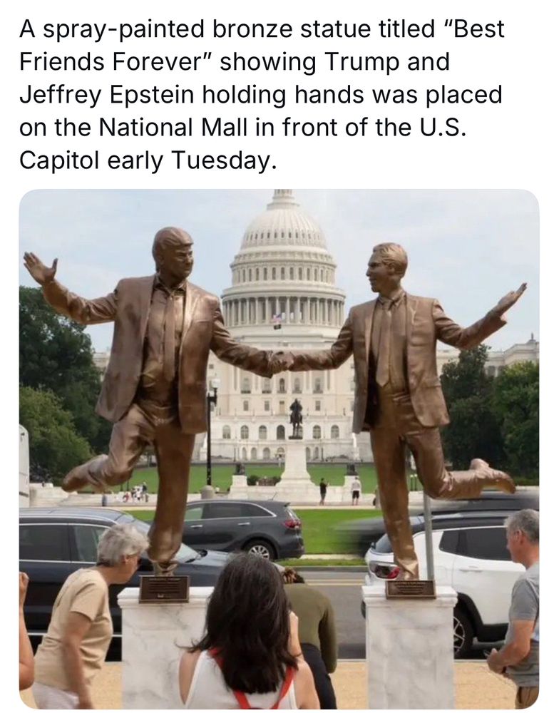 Bronze statues of Trump & Epstein holding hands apparently skipping