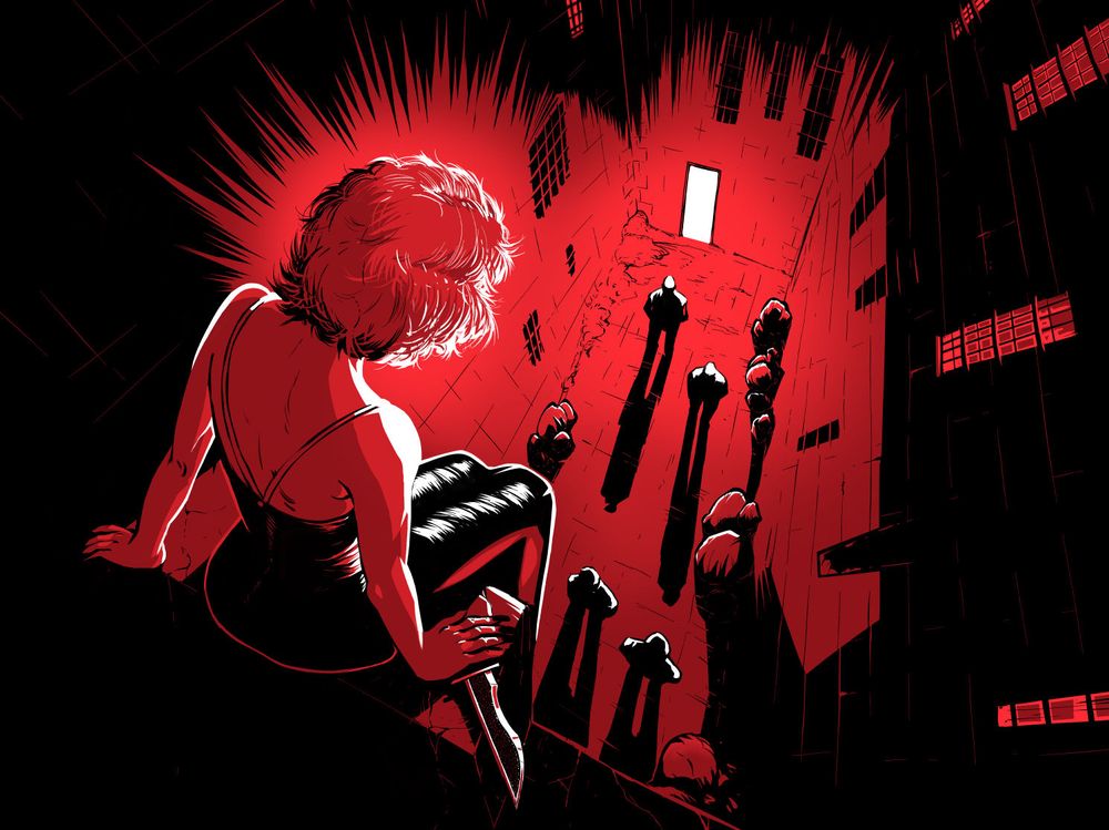 Une héroïne pulp habillée d'une robe de soirée et équipée d'un couteau bowie surveille une négociation entre mafieux. L'illustration est en noir & rouge, un peu dans le style de Sin City. 