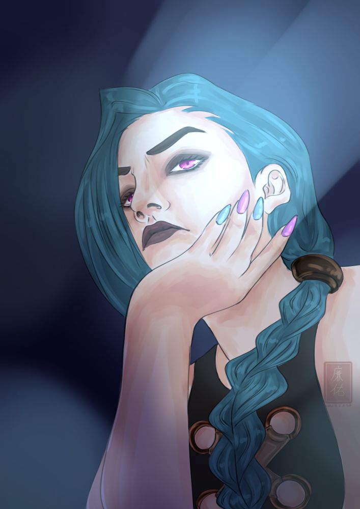 Digital illustration of Jinx from Arcane in a dark blue colour palette. She’s looking down at the viewer with a mildly irritated expression and her chin resting in her hand.