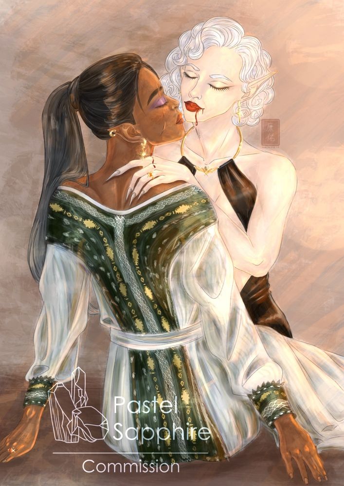 Digital half body illustration of Majin (bg3 Tav) and a female version of Astarion in an intimate pose. Majin is wearing a white dress with a patterned dark green sash sewed in the middle, as well as golden ear piercings. Astarion has a Marilyn Monroe style curly bob and is wearing a fitted black dress with an open front. She’s looking down at a sitting Majin, as blood drips down from the corner of her mouth and Majin’s neck onto her own hand. They’re both wearing matching golden wedding rings as well: Astarion’s has a sun with a big red gem and a smaller round red gem on both sides, and the big red gem on Majin’s ring is in the shape of a star.