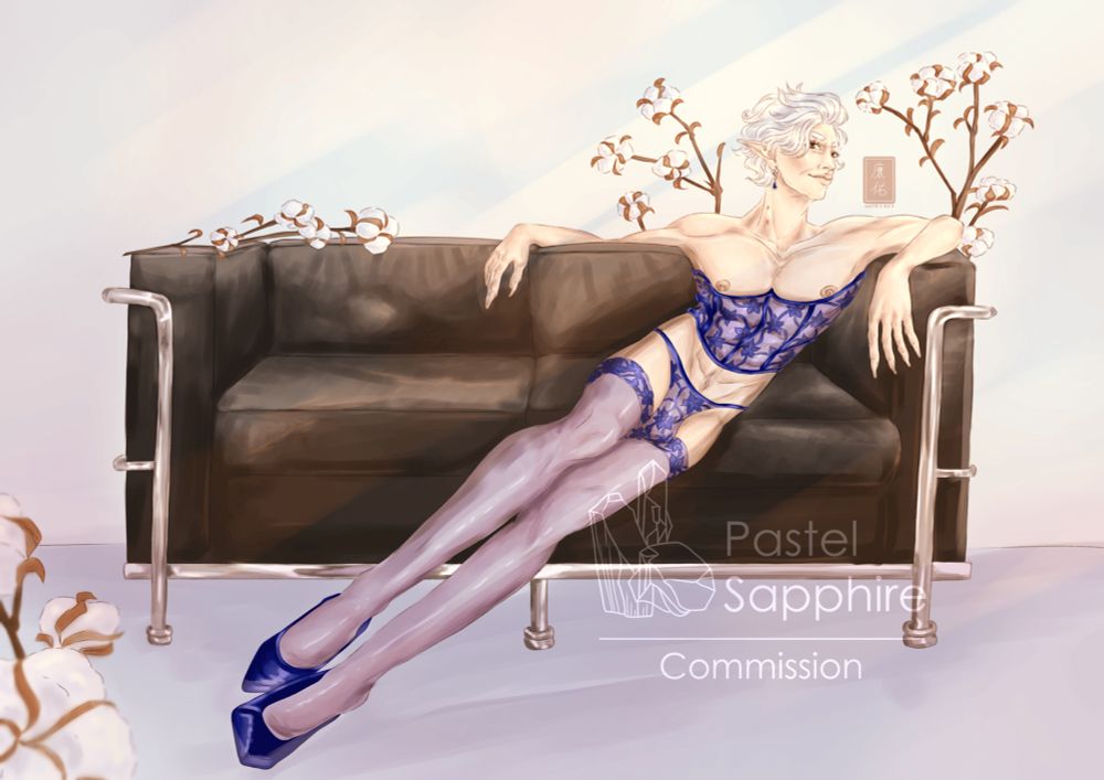Example of a previous commission: a digital full body painting of Astarion from BG3. He’s lounging on a black leather couch and is wearing dark blue lingerie and high heels. Some cotton flowers can be seen in the background as well.