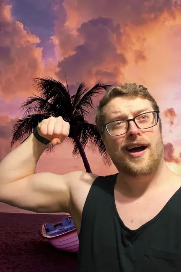 Picture of Jonny with a tank top and a dumb look on his face with a terrible photoshopped background of a beach behind him.