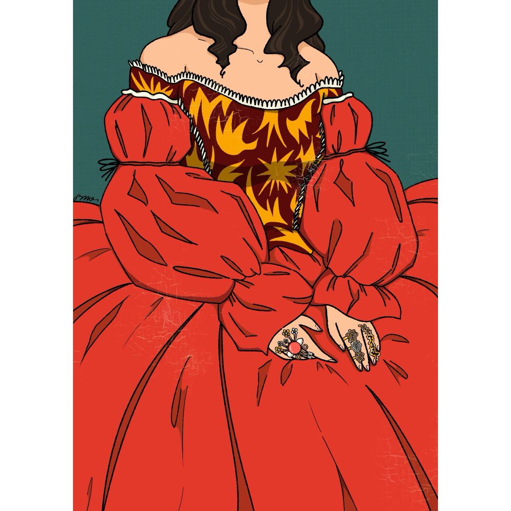 ID: an illustration of a Lucy Davis in the Ankles music video viewed from the neck to her knees-ish. She is in the big puffy red gown with a maroon bodice with some yellow spiky shapes on it. There are some oil paint crackles throughout the piece. She is posed like the painting from the Portrait of a Lady on Fire film.