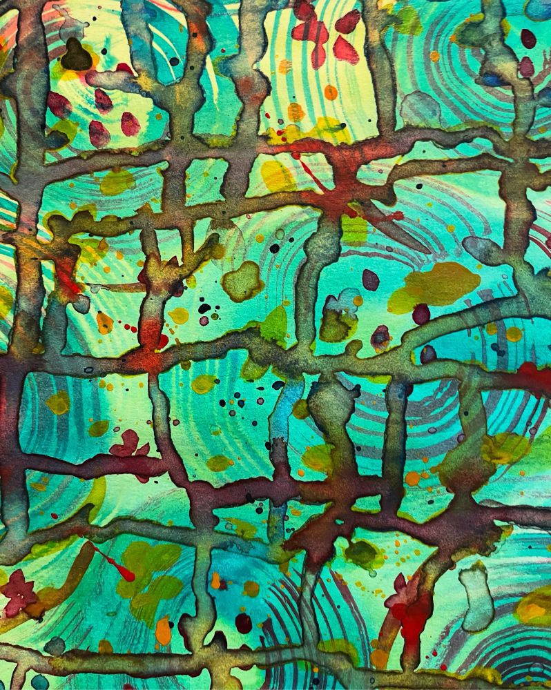 ID: an abstract watercolor painting with some swirlies in the back and drippy lines in the front.