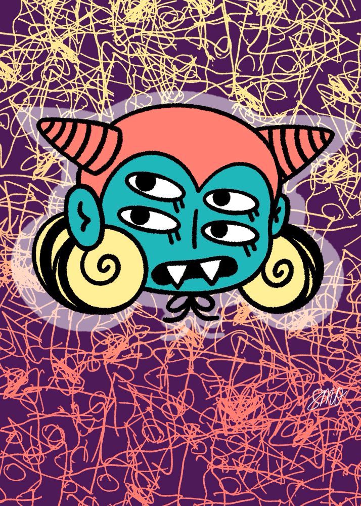 ID: slide one shows an illustration of a blue goblin with 4 eyes and 2 pointy teeth wearing a red devil lookin bonnet with ringed horns. They have two poofs of hair coming out of each side. The background is white with a gradient of scribbles.
The second slide shows the same but the background is dark purple with a gradient of scribbles.