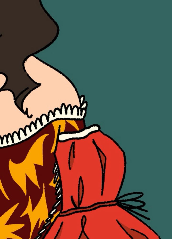 A close up cropped image of an illustration of someone with brown wavy hair wearing a red renaissance fancy like dress. You can only see the right shoulder area.
