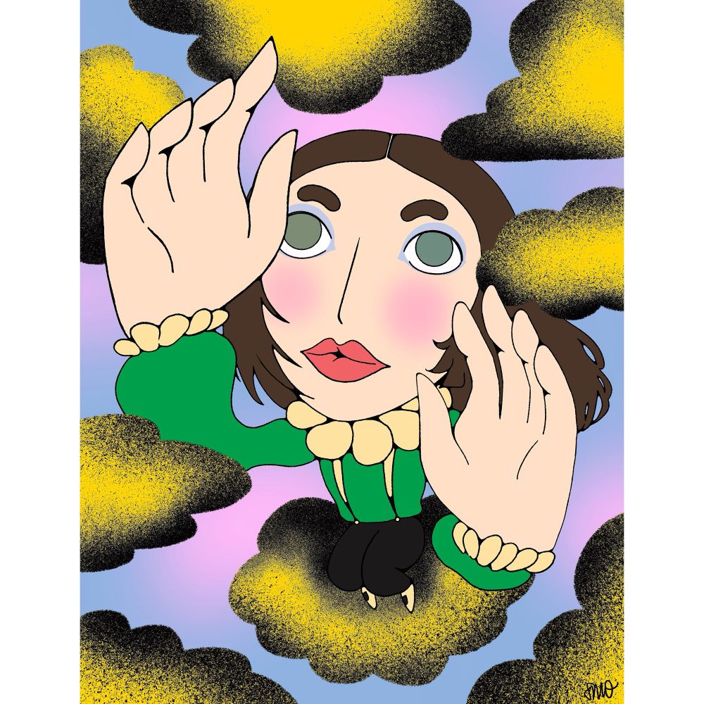 ID: an illustration of a person with long brown hair sitting on a cloud, reaching upward above more clouds. They have vibrant makeup and are wearing a flowy top with trim that looks like flower petals. The sky in the background is a gradient of pinks and blues and purples. The clouds are yellow with black shading on the edges.