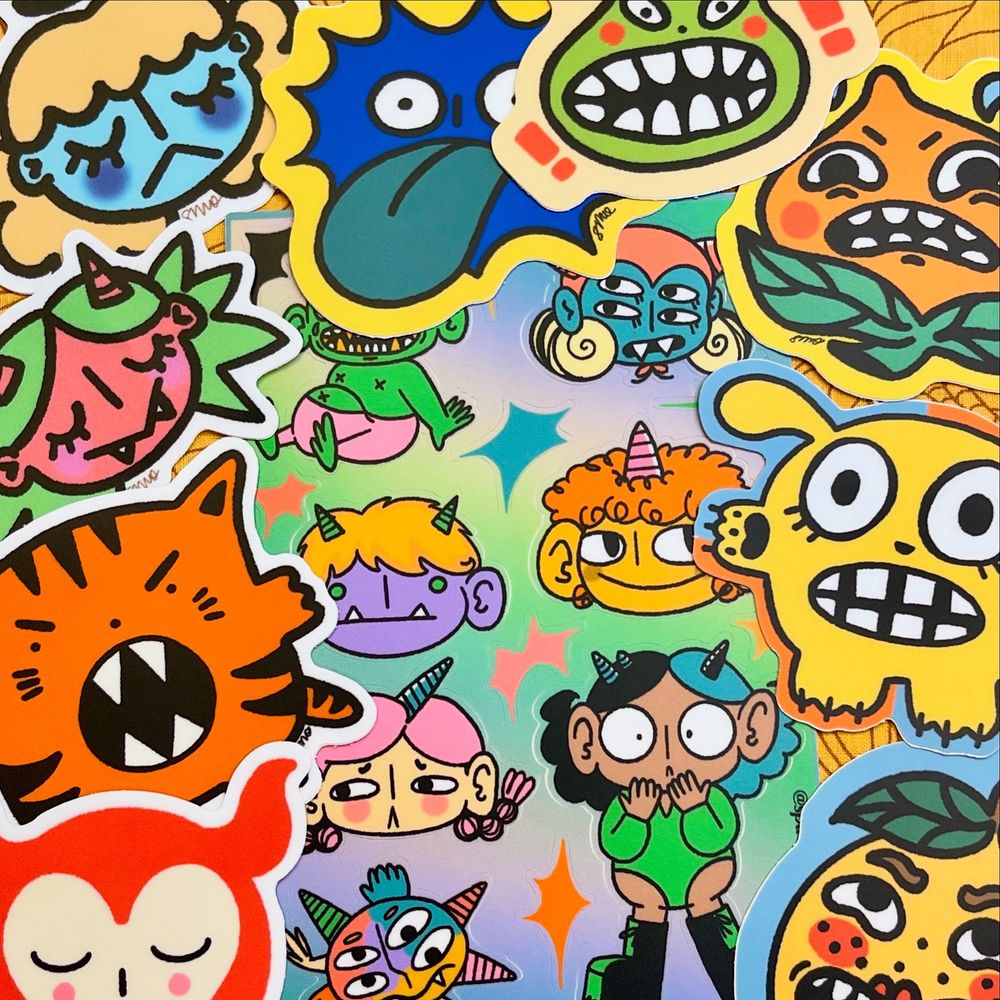 ID: a bunch of stickers surrounding the new goblin sticker sheet.