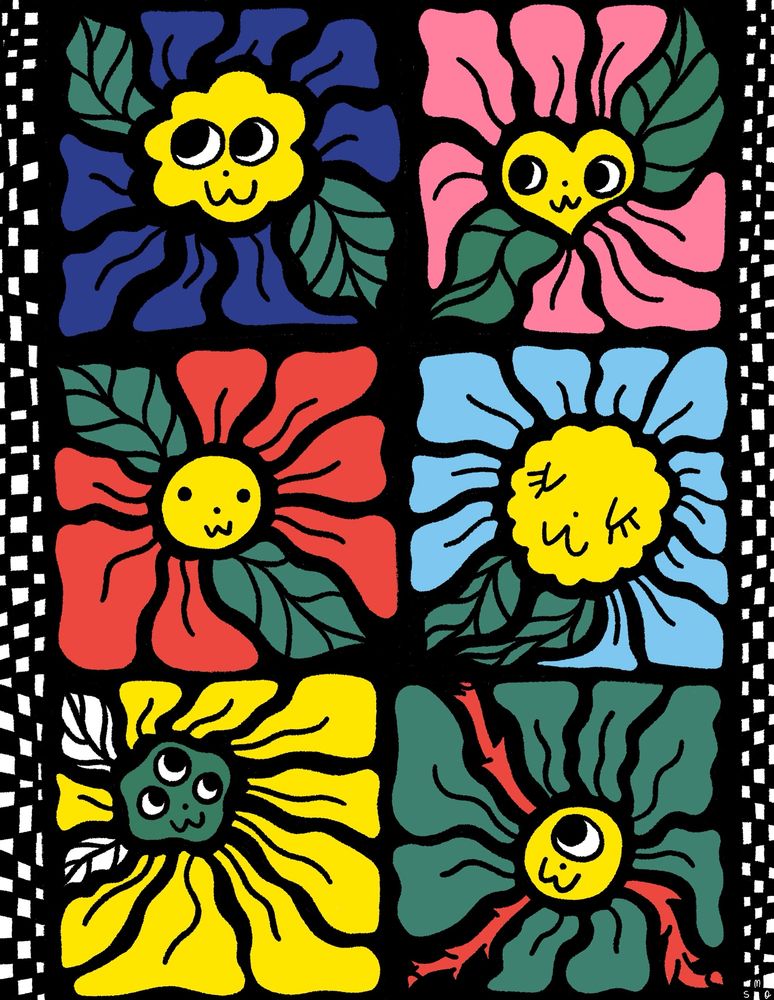 ID: an illustration of six flowers with cute lil faces. Their petals and leaves stretched into funny shapes inside a squareish black border. There is a checkered border on the right and left sides.