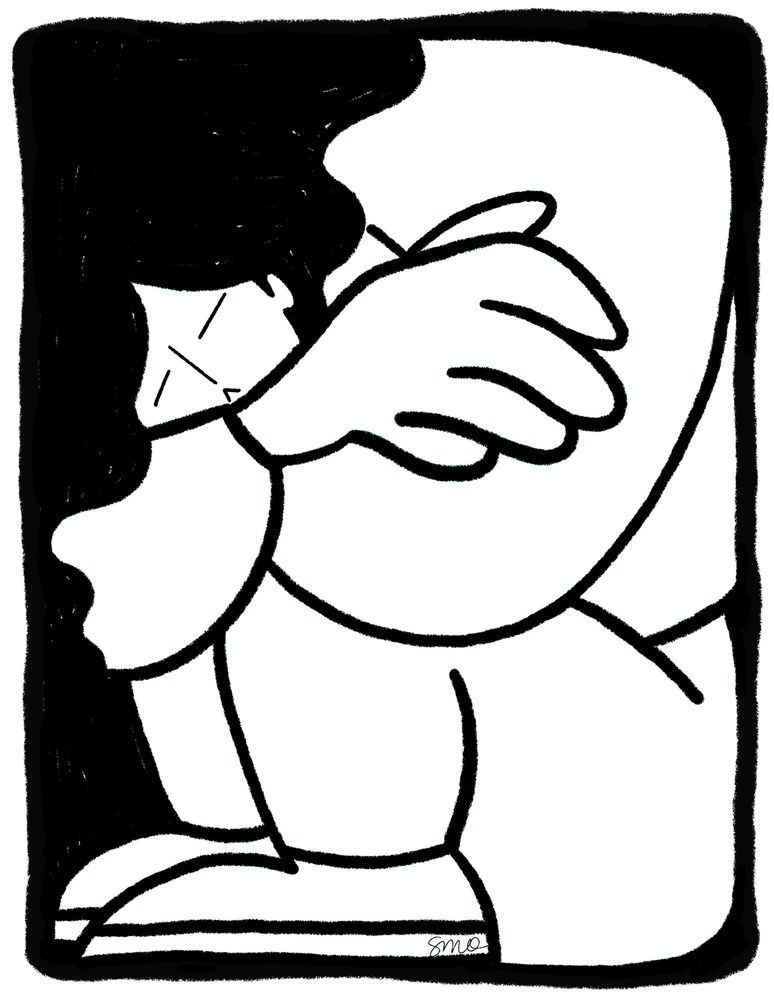 ID: a black and white illustration of a person with long black hair crouching and hugging their knees inside a rectangular outline. Their body dimensions are distorted so their hands and body are large but their head is small. Their eyes are closed and they are frowning a bit.