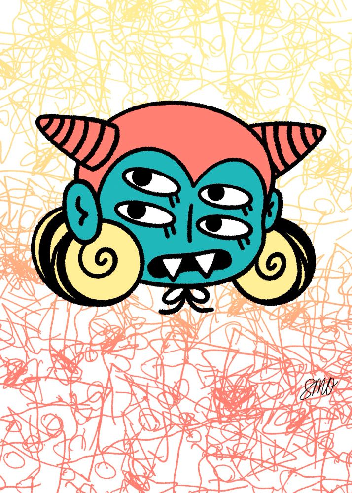 ID: slide one shows an illustration of a blue goblin with 4 eyes and 2 pointy teeth wearing a red devil lookin bonnet with ringed horns. They have two poofs of hair coming out of each side. The background is white with a gradient of scribbles.
The second slide shows the same but the background is dark purple with a gradient of scribbles.