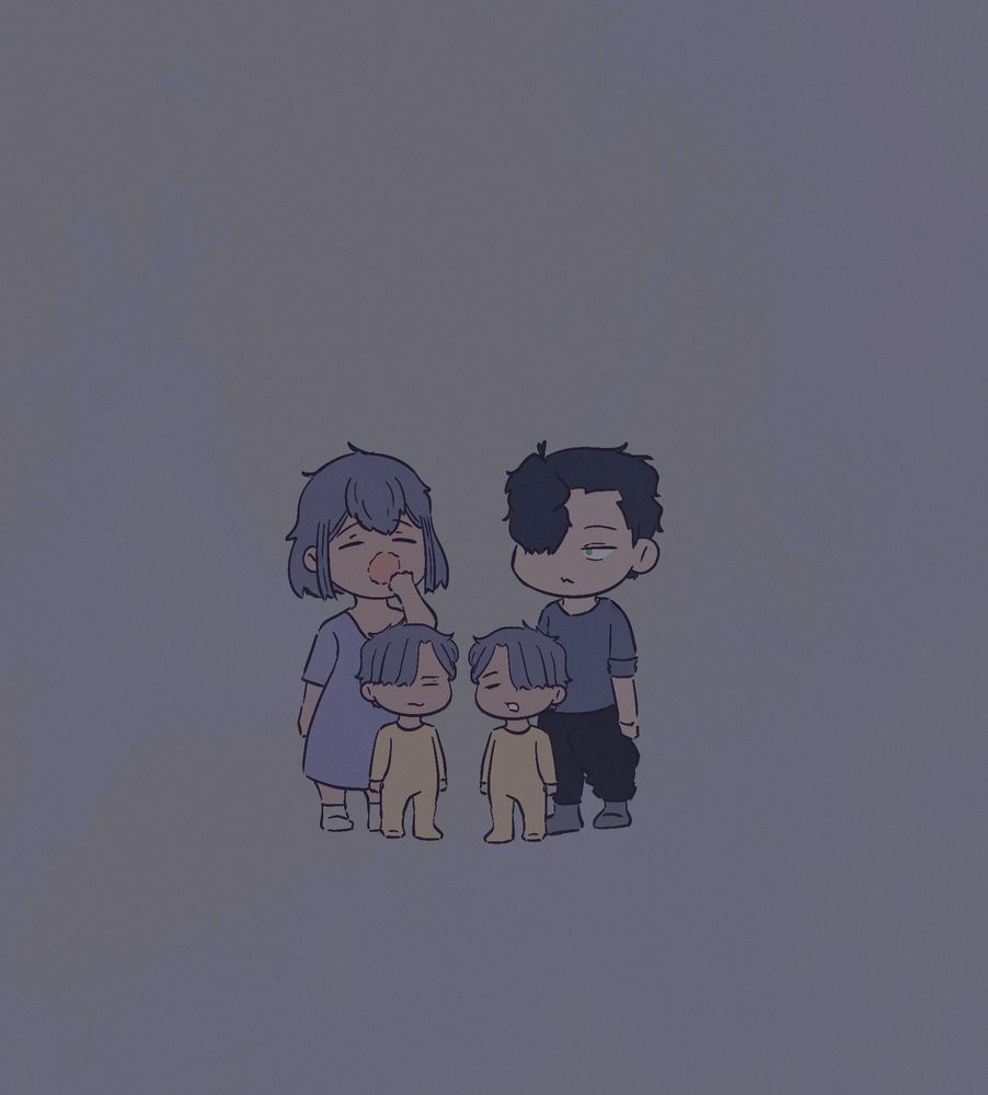 drawing of chibi hubert and bernie and the twins having been rudely awoken from their slumber. they are all sleepy. bernie is yawning.