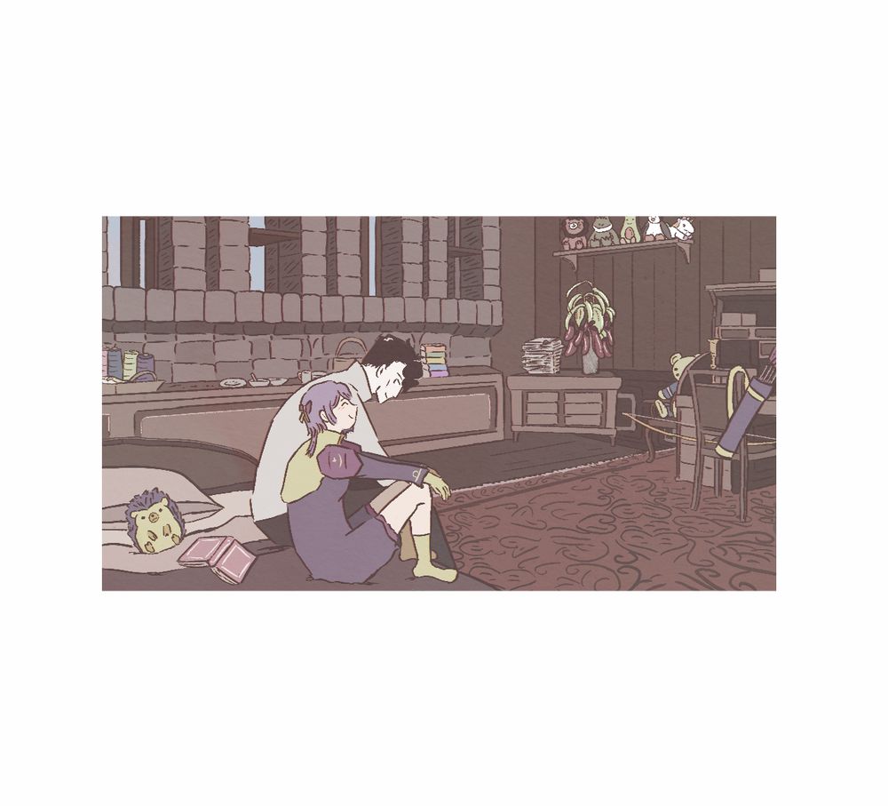 drawing of hubert and bernie sitting together on bernie's bed in her room at garreg mach. they are clearly comfortable with each other. 

did u know that hes the only person she willingly lets into her room in this entire game. if u even care.
