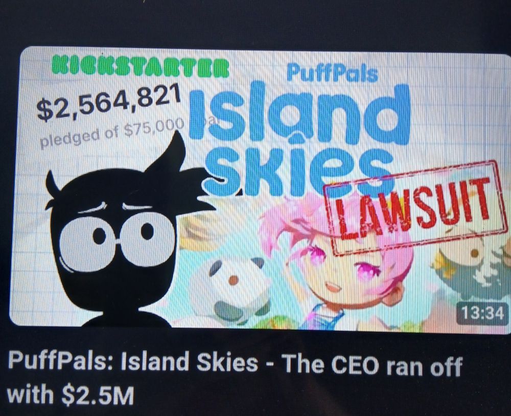 Uma imagem de um video do YouTube com a noticia q o CEO do jogo indie Puffpals: IslandSkies, que era um projeto de KickStart, fugiu com todo o dinheiro arrecadado, mais de 2 milhões de dólares 