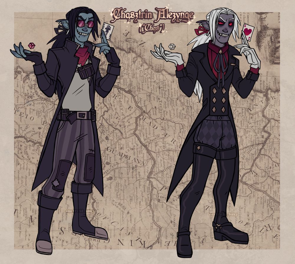 Reference sheet artwork of a Dungeons & Dragons character, who is a Drow/Dark Elf. The left hand side has him disguised as a moon elf with blue skin, dark hair, and a sort of roughed up rogue outfit. The right hand is a fancier casino-themed outfit with typical Drow colors, like purple skin. In both he's holding a playing card, but the suit changes between the joker and the ace of hearts.
