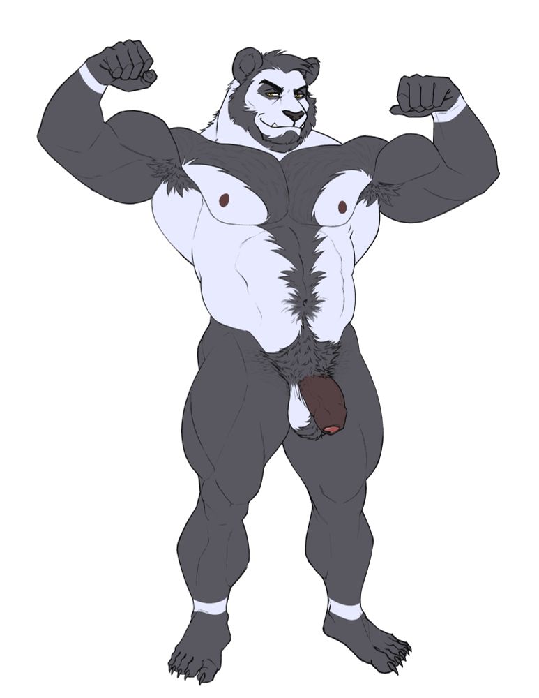 Full body pose of a panda anthro from a front facing view. He is nude, standing with feet shoulder width apart, and flexing both arms. 
His build is large, wide, muscular— more on the bulky side. His arms are massive, bigger than the size of his head. His pecs, shoulders, and lats form mounds of muscle connecting to these arms. His torso is dense with muscle, with only a hint of abs showing through his belly. They all lead down to his v line, which in turn leads to his beer can, flaccid cock. 
Throughout all this muscle is hair, connecting from the pits to the chest, down the abs, and into the bush. It spreads onto his inner thighs, where it blends into his fur. 
On his head is a simple mohawk. Surrounding his face is a full beard. Two canine teeth peak up from his mouth.
He smiles smugly at the camera, eyebrows full of confidence, as he knows you’re impressed with the view.