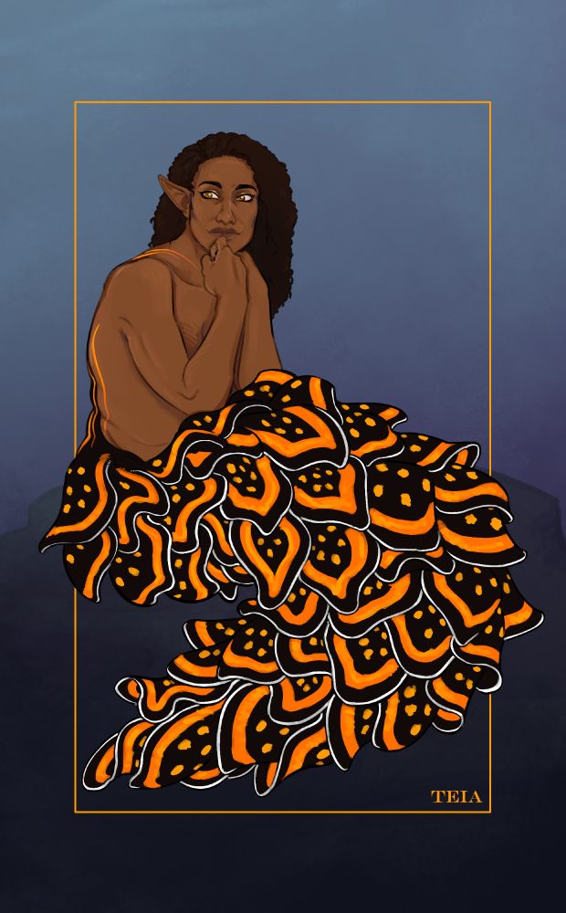 Andarateia Cantori from Dragon Age as a Black and Gold Sap Sucker Mer. Her eyes are colored a golden brown as described in the books.