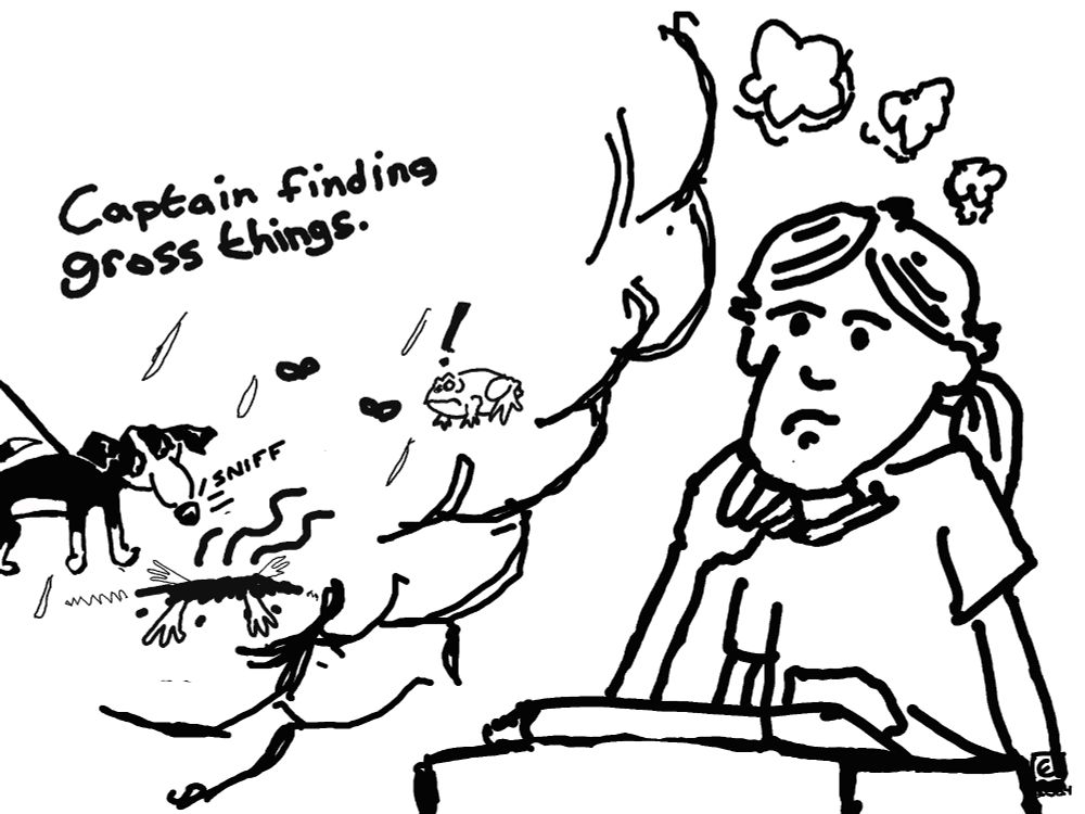 A picture of Eric Kinkead thinking about how his new cartoon about his dog, Captain titled Captain Finding Gross Things. It has Captain on a leash sniffing a splat with some kind of large frog legs. A frog looks onward in the background, startled and disturbed.