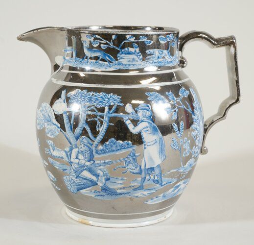 Pitcher, silver lustre; blue transfer pattern of hunt scene (10)
