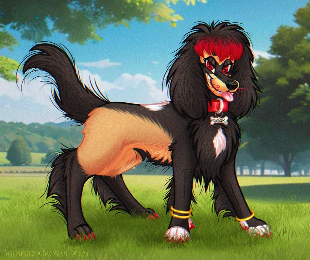 A drawing of a male spaniel/ferret hybrid dog standing in a green open field outdoors. He's looking at the viewer with a toothy smile, and his tongue sticking out.