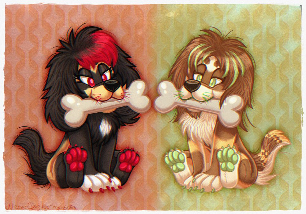 A pair of male anthropomorphic spaniel dogs are sitting down with bones in their mouths, looking adorable.