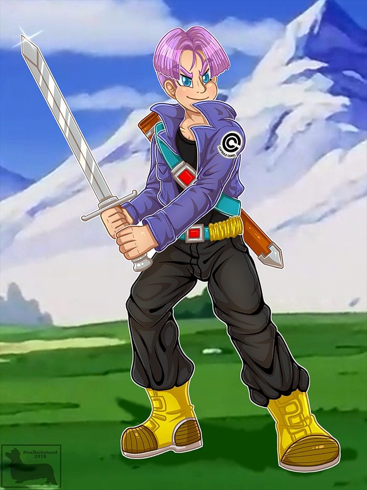 Future Trunks posing with his sword, as if ready to battle, with a cocky smile on his face. The background is from the anime and shows some mountains.