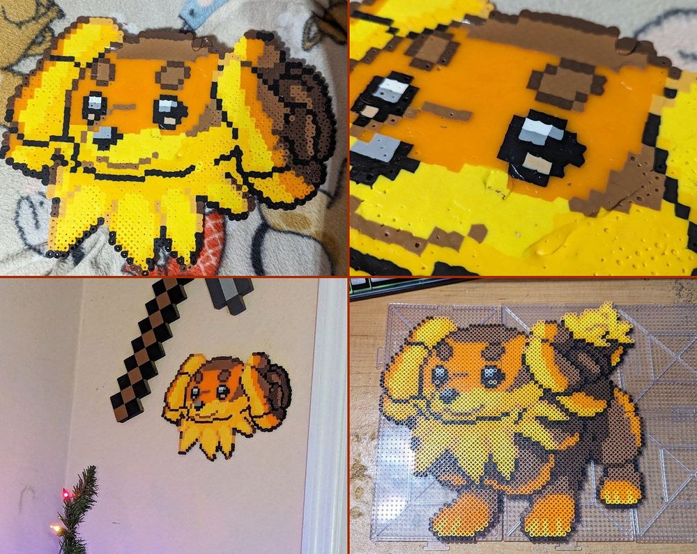 Perler bead sprite of the Pokémon Dachsbun. First picture is a view of the sprite. Second picture is a close-up view. Third picture is a distant view of it attached to the wall. Last picture is of it being built on the perler grids, but here it has a body.